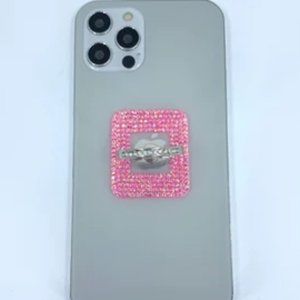 Clear square phone Ring Stand, Grip. Ring is silver, has rhinestones, & 360 turn